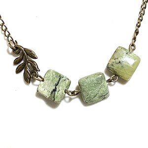 2/$20 Dark Green Serpentine Leaf Branch Necklace, Genuine Gemstone Bronze Chain